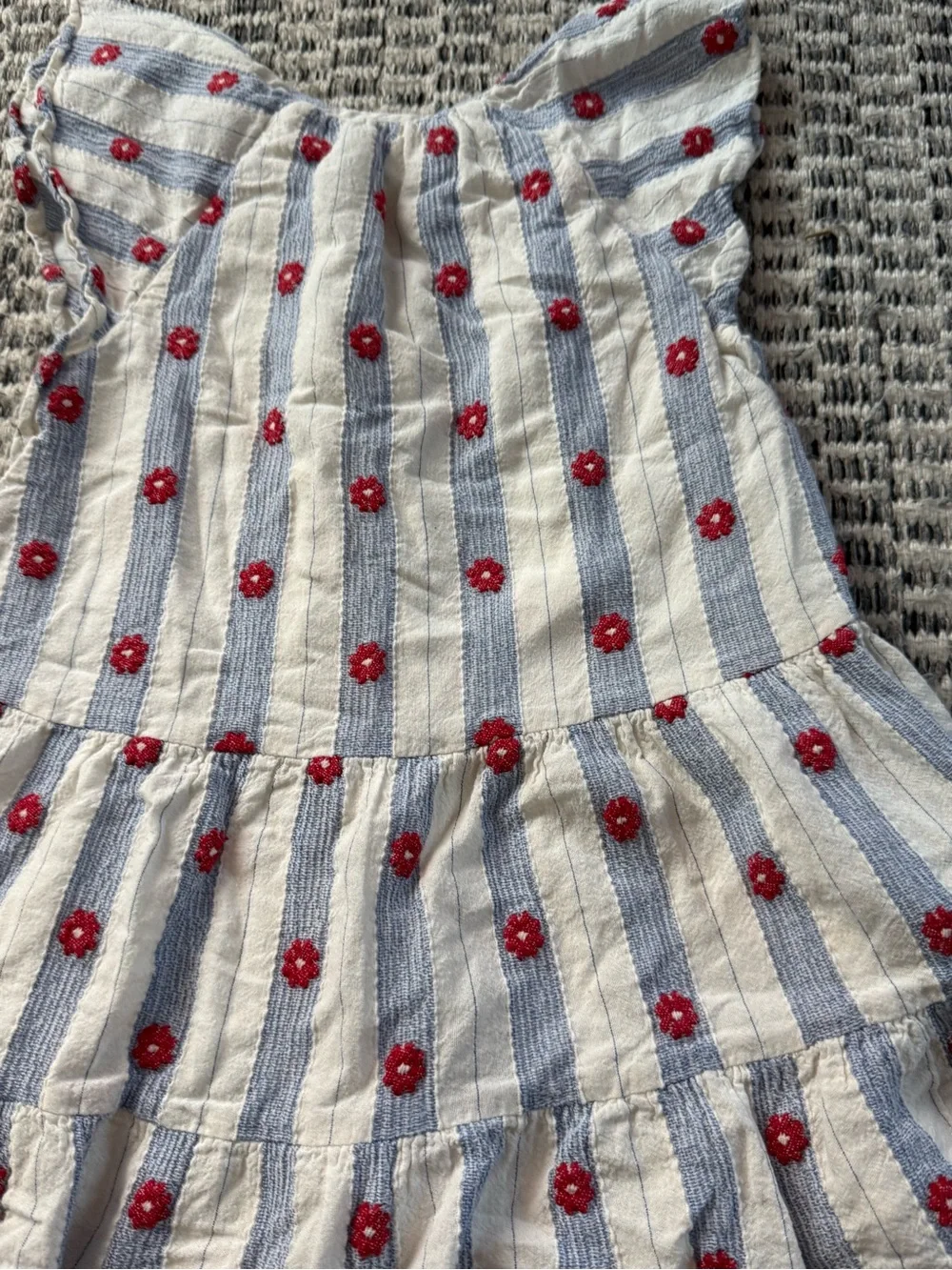 Zara White and Blue Striped Dress with Red Floral Embroidery Sz 6